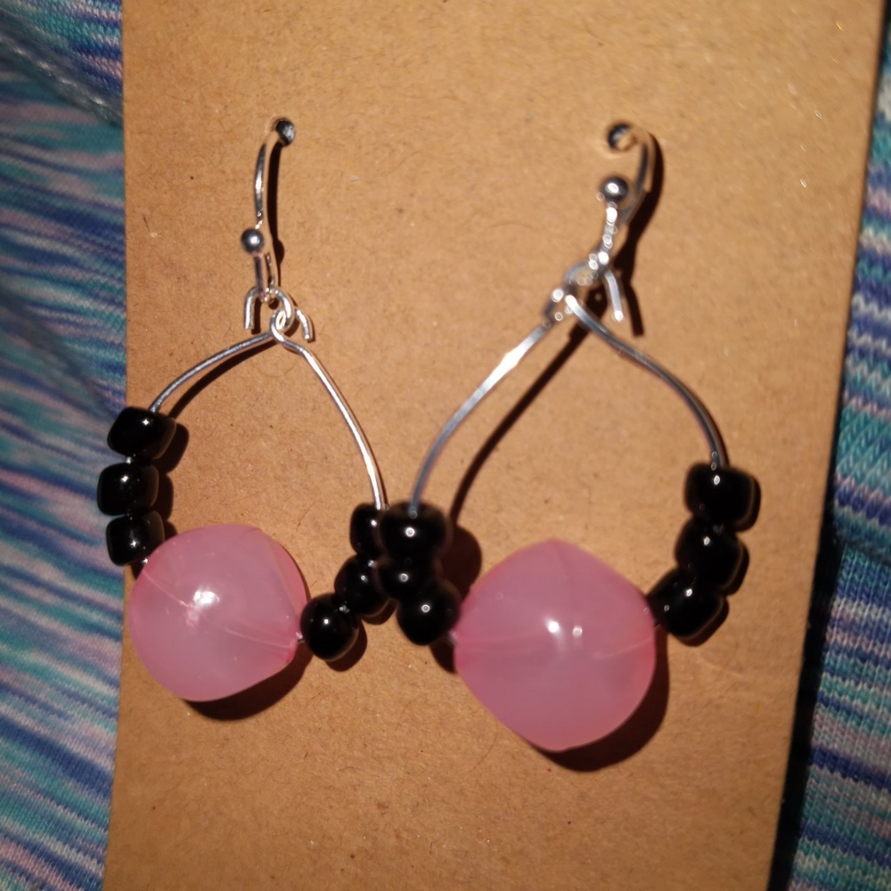 Hand Crafted Black beaded silver plated hoop statement drop Earrings